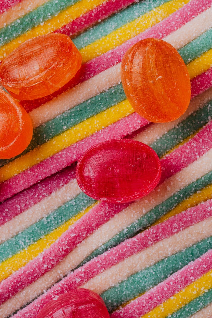 Colorful assorted candy close-up, showcasing vibrant sugary texture.